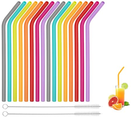 Shirene Reusable Silicone Drinking Straws,16 Pcs 25cm Foldable Eco-Friendly Straws with 2 Cleaning Brushes for Travel,Parties,Cafes & Home,BPA-Free,Colourful Replacement for Plastic Straws