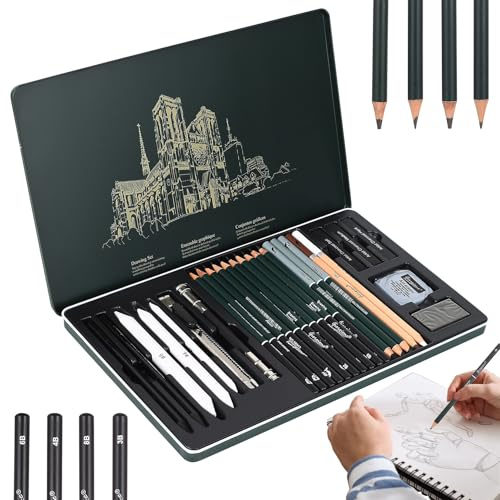 27 Stk Zeichenset Professionell, Zeichenstifte Professionell Sets, Bleistift Set zum Zeichnen Zubehör, mit Kohlestifte zum Zeichnen Sets, Graphitstift Bleistifte verschiedene Härtegrade für Künstler