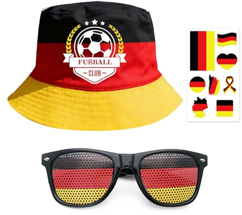 RAOPNHS 3er Set Deutschland Fanartikel für Fußballturnier 2026, inkl. Deutschland Mütze, Brille und Tattoos, Schwarz-Rot-Gold Stadion Outfit Zubehör, DFB Fanartikel für Herren und Damen