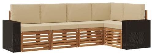 vidaXL Ecksofa Set mit Kissen 5 pcs Natur und Beige Massivholz Akazie, Garten, modernes Ecksofa, Möbel für draußen, Loungesessel, Bequeme Terrassensitzgruppe