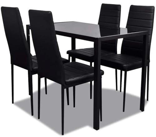 Mhdvray 5-TLG. Essgruppe Schwarz mit gehärtetem Glas-Tisch 105x60 cm & 4 Kunstleder-Stühlen Modernes Design Robustes Set für Küche Esszimmer kleine Räume