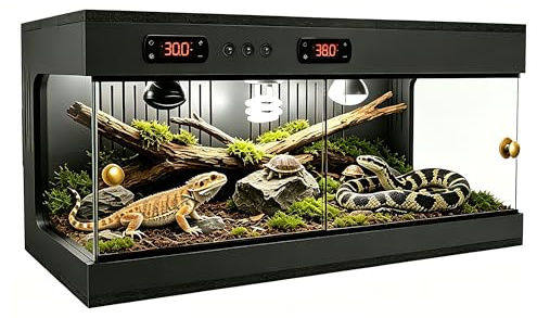 Reptilien-Vivarium, 80 x 40 x 40 cm, Reptilien-Terrarium mit doppeltem Thermostat und Keramik-Lampenfassung, 3-seitige Belüftung, stapelbares Glas-Reptiliengehege für Bartagamen, Schlange, Frosch