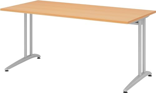 bümö Schreibtisch B-Serie 160x80 cm, Tischplatte aus Holz in Buche, Gestell aus Metall in Silber - PC Tisch, Computertisch für's Büro, Office Bürotisch