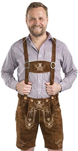 Herren Lederhose kurz - Trachtenlederhose inkl. Hosenträger – Trachtenhose Echt-Leder Tracht Alpenjäger (50, mittelbraun)