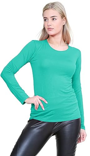 janisramone® Long Sleeve T Shirts Women, Plain Round Neck Breathable Basic Summer Tops for Women UK, Stretchy Slim Fitted Going Out Tops Jade Green