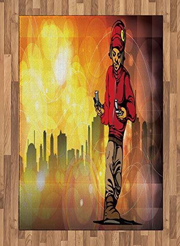 ABAKUHAUS Hiphop Teppich, Rap Music City Skyline, Flachgewebe Deko-Teppiche für das Wohn-,Schlaf-, und Essenszimmer, 120 x 180 cm, Gelb Rot
