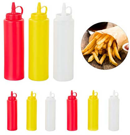 Relaxdays Bouteille à sauce, lot de 9, rechargeable, 400 ml, squeeze bottle, récipient plastique, rouge/jaune/blanc