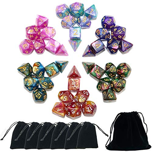 SmartDealsPro Polyedrische Glitzer-Würfel-Sets mit Beuteln für DND RPG MTG Dungeon and Dragons Tischplatten-Rollspiele D4 D8 D10 D12 D20 (6 Sets)