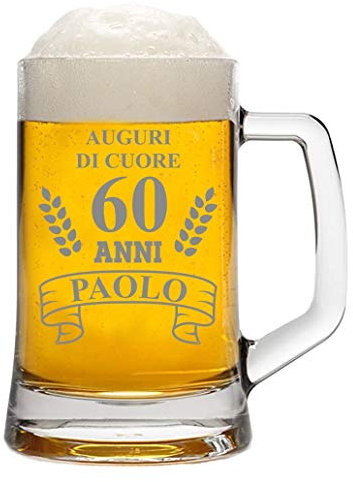 bubbleshirt Boccale da Birra Personalizzato con Nome Incisione Compleanno 60 Anni - Auguri di Cuore - Evento - Idea Regalo Compleanno - Bicchiere in Vetro Chiaro, ca 50 cl