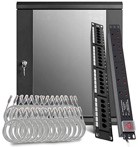 LMS Data Bundle 12U 450mm Deep Data Cabinet + 6 Way Horizontal 13a Switched Power Distribution Unit (PDU) + Wide 24 Port UTP Cat 5E Patch Panel + 24 Gray LMS Data Ethernet Cat 5 RJ45 Cables