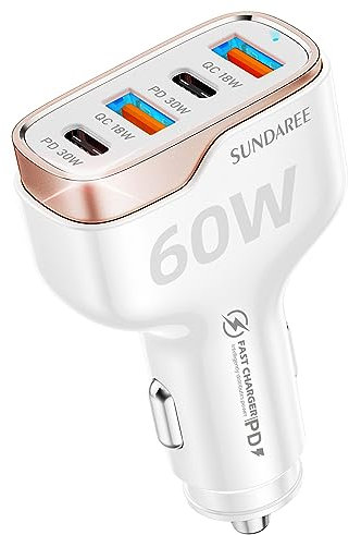 SUNDAREE Ladegerät Zigarettenanzünder 4 Port, 60W 12V 24V 4Fach QC PD Type C Schnellladen USB C Auto Kfz Handy Ladegerät Adapter für Samsung A33 A53/iPhone 14/Google Pixel 6a/Poco F5/Redmi Note 12