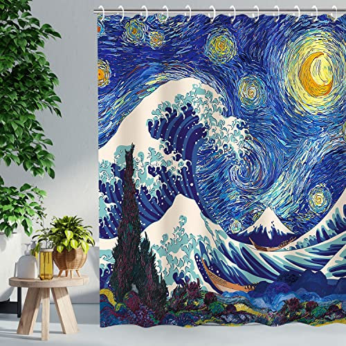 RosieLily Japanischer Duschvorhang, Wellen-Duschvorhang, Sternennacht-Duschvorhänge-Set mit 12 Haken, wasserdicht, Van Gogh-Duschvorhang, Dekoration, Anime, große Welle aus Kanagawa, 183x198 cm