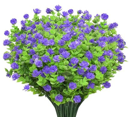 AIOR 10 Bündel Künstliche Blumen Outdoor Deko Künstliche Pflanzen, Grün UV-beständige Eukalyptus Kunstblumen für Haus Garten, Balkon, Fensterbank Dekor, Lila