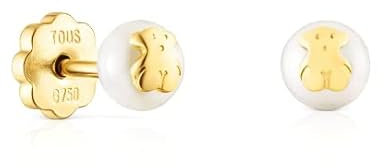 TOUS Pendientes de Oro de 18kt para Mujer con Motivo de Oso y Perla Cultivada con Cierre de Presión, Elegante e atemporal, Colección Icon Pearl