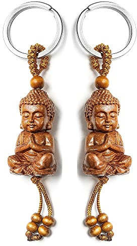 LINISME Kleiner Buddha Schlüsselanhänger aus Holz Mahagoni 3D Gravur Buddha Anhänger Schlüsselanhänger Für Autozubehör Glücksbringer Geschenk (2er Set)
