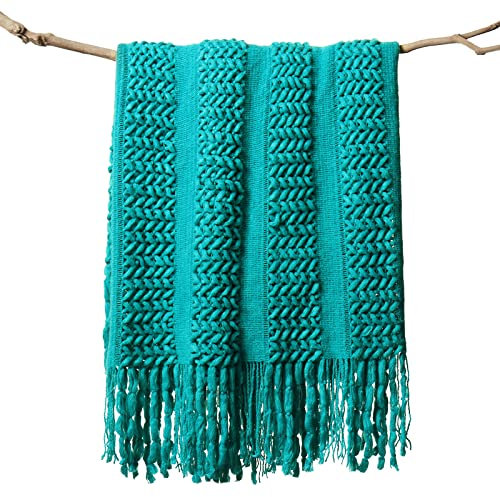 LIFEIN Gestrickte blaugrüne Überwurfdecke für Couch – weiche Sommer-Bauernhaus-Boho-Überwürfe, gemütlich gestrickt, Sofa (blaugrün/türkis, 127x152 cm)