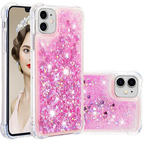 IMEIKONST Compatible with iPhone 11 Glitter Case, Liquid Sparkle Quicksand Clear Transparent Sequin Slim Girls Soft TPU Bumper Silicone Shockproof Cover for iPhone 11. Love Pink YBW