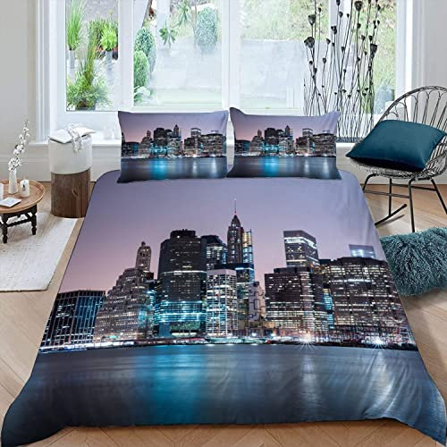 RFFLUX 3D New York Bettwäsche Set 135x200 cm 2teilig mit Reißverschluss Weiche und Angenehme Schlafkomfort Microfaser Bettbezug Modern Stadt Landschaft Kinderbettwäsche mit Kissenbezug 80x80 cm