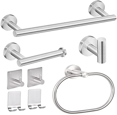 Linyoish 8 Piezas Juego baño Accesorios Acero Inoxidable Toallero,Sujetador Papel de baño,Anillo de Toalla,Gancho para Bata,Ganchos Adhesivos,Soportes Adhesivos para maquinillas de Afeitar (Plata)