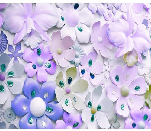 decomonkey - Papier Peint Panoramique Adhésif Fleurs 245x175 cm - Stickers Muraux Salon Chambre Déco XXL Autocollant Murale Bureau - Vert violet bleu - Modèle violet bijoux fleurs fond romantique