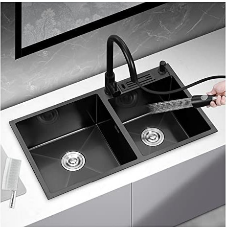 Black Undermount Kitchen Sink, Stainless Steel Double Bowl Bar or Prep Sink, Drop in Kitchen Sink Stainless Steel Workstation Sink Topmount Kitchen Sink with pull-out faucet, drain basket ( Size : 68*
