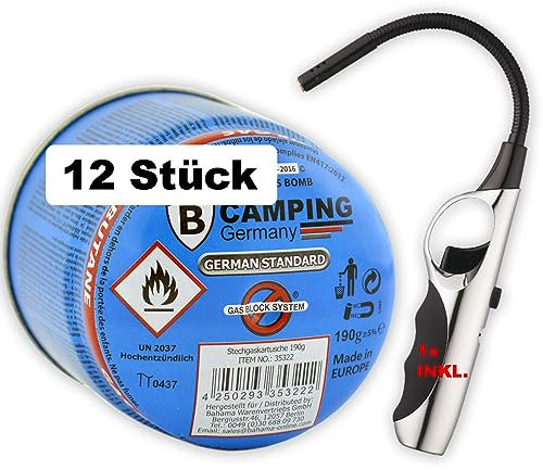 12x 190g Universal Butan-Gas-Kartusche Stechkartusche für Gaskocher Lötlampe Campingkocher Lötbrenner Campinglampe Bunsenbrenner Shisha-Kohlenanzünder mit Gas-Stop-System, inkl. 1x Feuerzeug