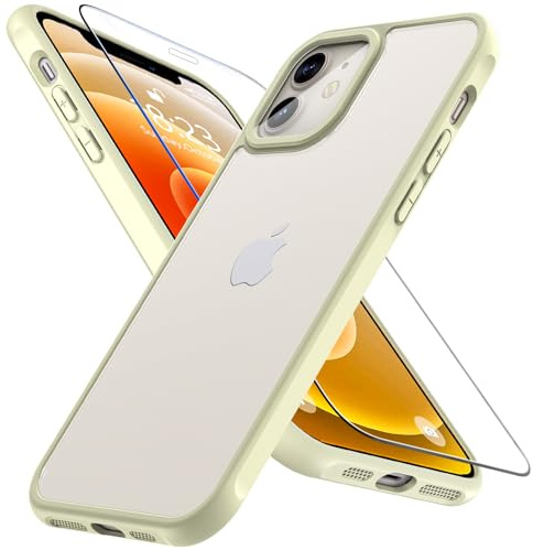For iPhone 12 Case, iPhone 12 Pro Case 6.1 with Tempered Glass Screen Protector, [Shockproof Military Grade Drop] Translucent Matte Back Anti-Scratch Slim Cover Phone Case for iPhone 12 (Pro), Beige