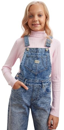 DELLMOOR Girls Dungaree Stretch Jumpsuit Kids Playsuit, Girl’s Blue Dungaree Ripped Jeans, Adjustable Straps, Kid’s Playsuit for Ages 6-12 Years, Blue