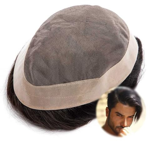 Robustes Mono-Indisch-Toupet für Männer, Haarprothese, Echthaar-Perücke, Haarsystem-Einheit (7 * 9inch, Col#1B)