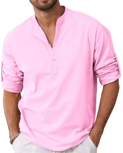 VANVENE T-shirt da uomo in cotone e lino, con bottoni, camicia Henley, a maniche lunghe, casual, da spiaggia, Rosa-10711, L