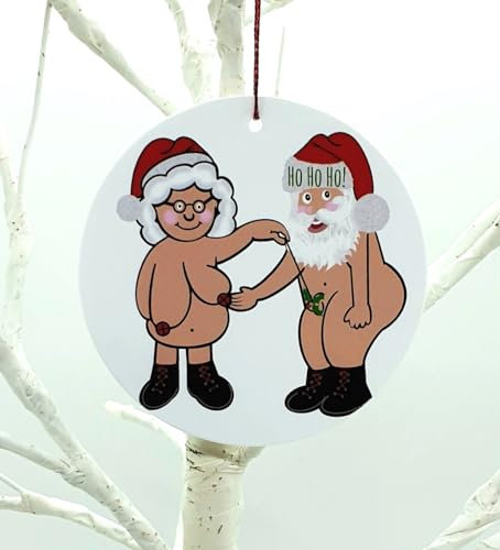 Naughty Santa Christmas Ornament - Rude Tree Hanging Flat Bauble Decoration - Cheeky Mr & Mrs Claus Funny Xmas Party Decor Secret Santa Gift