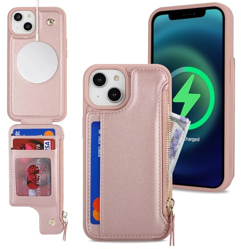 SailorTech iPhone 15 Plus Case with Credit Card Holder magsafe, iPhone 15 Plus Phone Leather Case Wallet for Women Compatible mag safe Card Slots Zipper Shockproof Case for Men - Rose Gold