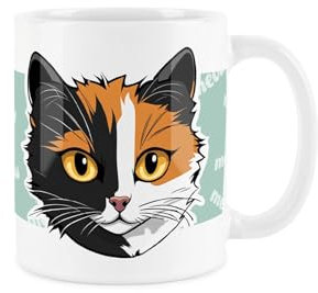 Purely Home Calico Cat Mug - Cartoon Fun Novelty Gift for Cat Lovers - Tea/Coffee Ceramic White Cup