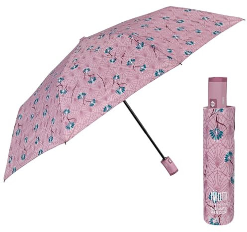 PERLETTI Paraguas Plegable Mujer Abre y Cierra Automático - Mini Paraguas Antiviento Compacto Flores de Loto - Sombrilla de Lluvia de Bolso Viaje Mujeres Multicolor - Diámetro 98 cm (Loto Deco Rosa)