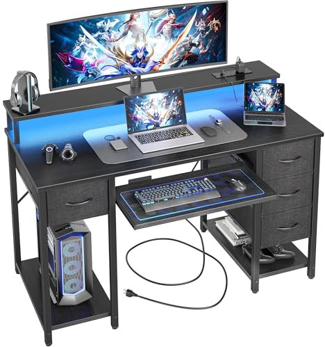 BEXEVUE120x50 Office Desk with LED & Power Outlets, Computer Table with Keyboard Tray, Modern Gaming Desk with 4 Reversible Drawers, Large Storage Shelf Workstation for Study, Home Office, Black