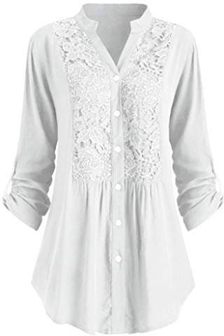 Women's Blouses & Shirts UK Plus Size 22,3/4 Sleeve Lace Tops Ladies Button Down V Neck Henley Shirts Elegant Summer Loose Tee Shirt Floaty Blouse Dressy Longline Tunic Tops for Leggings White