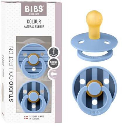 BIBS Colour Studio Schnuller 2er-Pack, BPA-frei, Kirschform Nippel. Naturkautschuk/Latex, Hergestellt in Dänemark, Größe 1 (0-6 Monate), Pin Sky Blue