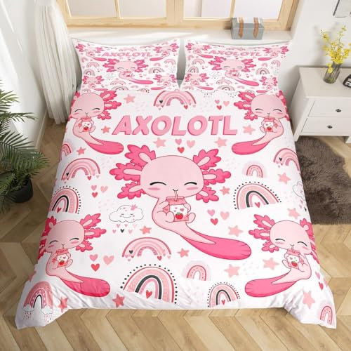 Manfei Nette Axolotl Bettbezug Set M Größe,Sterne Regenbogen Cartoon Bettwäsche,Mädchen Erwachsene Zimmer Dekor,Erdbeere Liebe Herz Romantische Tröster Abdeckung,Rosa Kawaii Quilt Cover,1 Kissenbezug