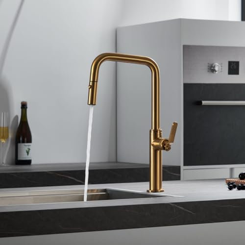 IMEX - Grifo de Cocina Extraible | Grifo Monomando Fregadero con Difusor | Griferia de Cocina con Mangera Flexible 360º | Serie Niza | Color Oro Cepillado