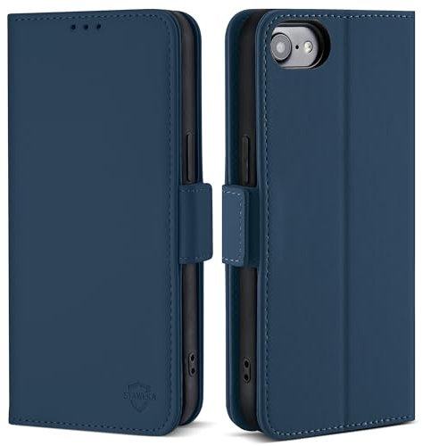 STAWLKA Wallet Case for iPhone SE 2022/2020/8/7, RFID Blocking Card Holder Kickstand Magnetic Shockproof Protective Flip Folio Phone Case - Dark Blue