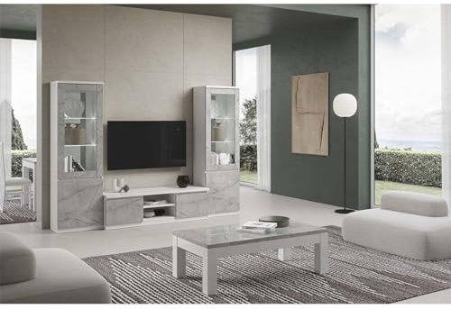 AltoBuy DEYTON - Ensemble Salon Complet Blanc et Gris Marbré Meuble TV + Vitrines avec LEDs + Table Basse 127cm