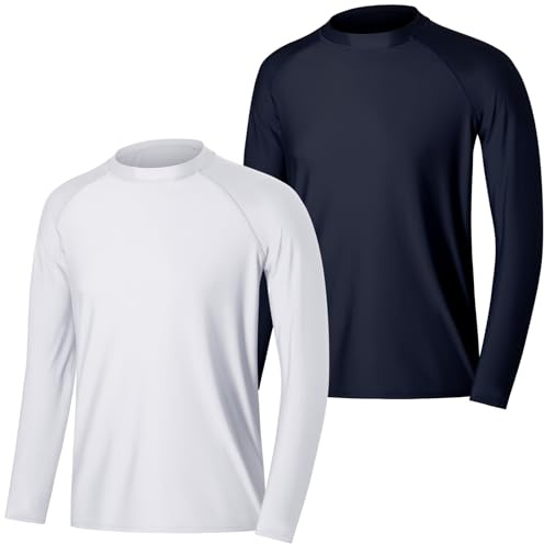 MASOCIO T Shirt Anti UV Homme Tee Shirt à Manche Longue Rashguard UPF 50+ Maillot de Bain Tshirt Hauts Baignade Surf Natation Wakeboard Plage 2 Pièces Taille 2XL Blanc Bleu Marine