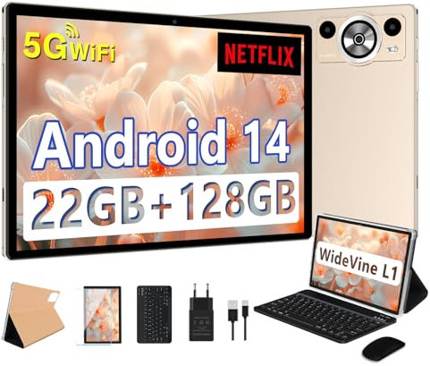DEERTiME 2025 Newest Tablette Android 14,Tablette 10.1 Pouces 22Go RAM+128Go ROM(TF 1To),8 Cœurs 2.0GHz, 5G WiFi GMS,8000mAh/WideVine L1/ FHD/BT5.0/GPS/Tablette avec Clavier Souris-Or Rose