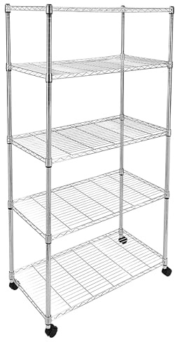 Simple Deluxe Schwerlastregal mit 5 Ebenen, 794 kg Tragkraft, 90 cm B x 45 cm T x 180 cm H, verstellbares Regal mit Rollen, Chrom