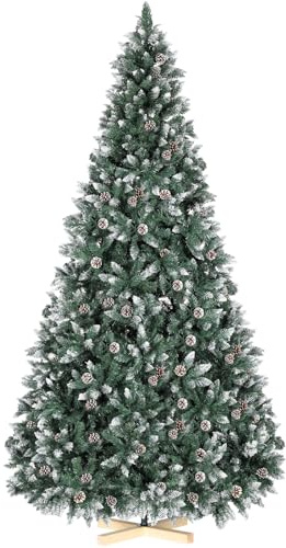 210cm Albero di Natale Innevato, Albero di Natale Artificiale Folto, Aghi di Pino Pretrattati Realistici, con Pigne, Base di Legno, 1584 Punte, Facile Montaggio, Ignifugo, per Casa, Ufficio e Negozio