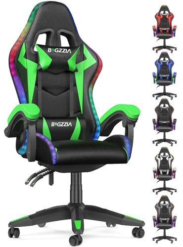 bigzzia Gaming Chair with RGB Computer Chair with Light Reclining PU Leather Video Game Chair with Headrest Adjustable Lumbar Support (With RGB led, Green)