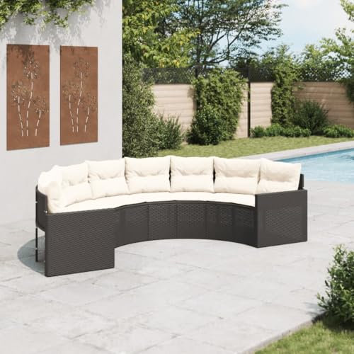 Somanki Gartensofa mit Kissen Halbrund Schwarz Poly-Rattan, Balkonmöbel, Gartenlounge, Gartenmöbel, Balkon Sofa, Terrassen Sofa, Terrassenmöbel - 3318513