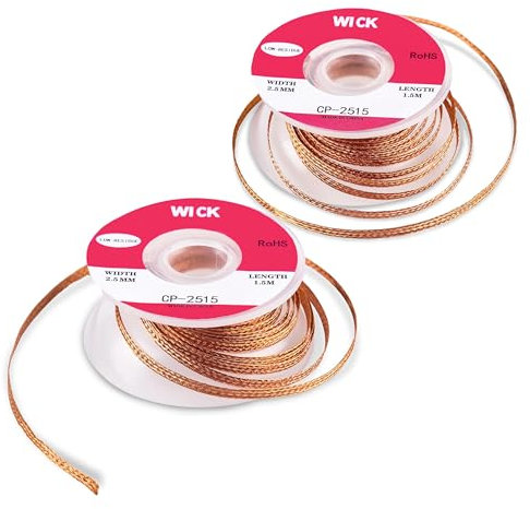 Pack of 2 Solder Wick Braid, 2.5mm W 0.10'' L 5' Solder Wick, Desoldering Wick with Flux No-Clean Electronic Desoldering Copper Wire, Desoldering Wick Braid Remover, Desolder Soldering