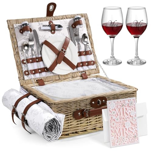 Picknickkorb für 2, Brautparty, Hochzeitsgeschenke mit Weingläsern und Grußkarte, Verlobungsgeschenk für Paare 2025, Picknick-Set mit Deckenkühler für Strand