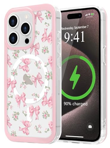 LCHULLE Cover Magnetica per iPhone 15 Pro Max Compatibile con MagSafe Custodia Trasparente Rosa Fiocco per Ragazze Donne Cover protettiva Magnetica Silicone Case per iPhone 15 Pro Max Fiocco rosa